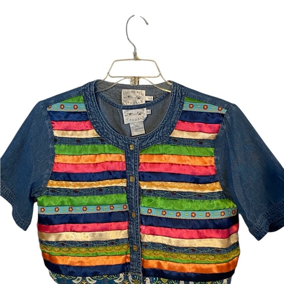 Vintage 90s Country Casuals Embroidered Love Dove Ribbon Denim /jean Maxi Dress - Picture 3 of 12